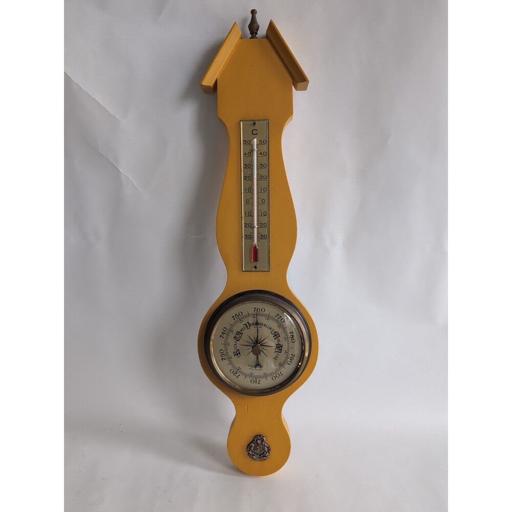Antique Banjo Style Wall Barometer/Thermometer Yellow Paint Goldtime German